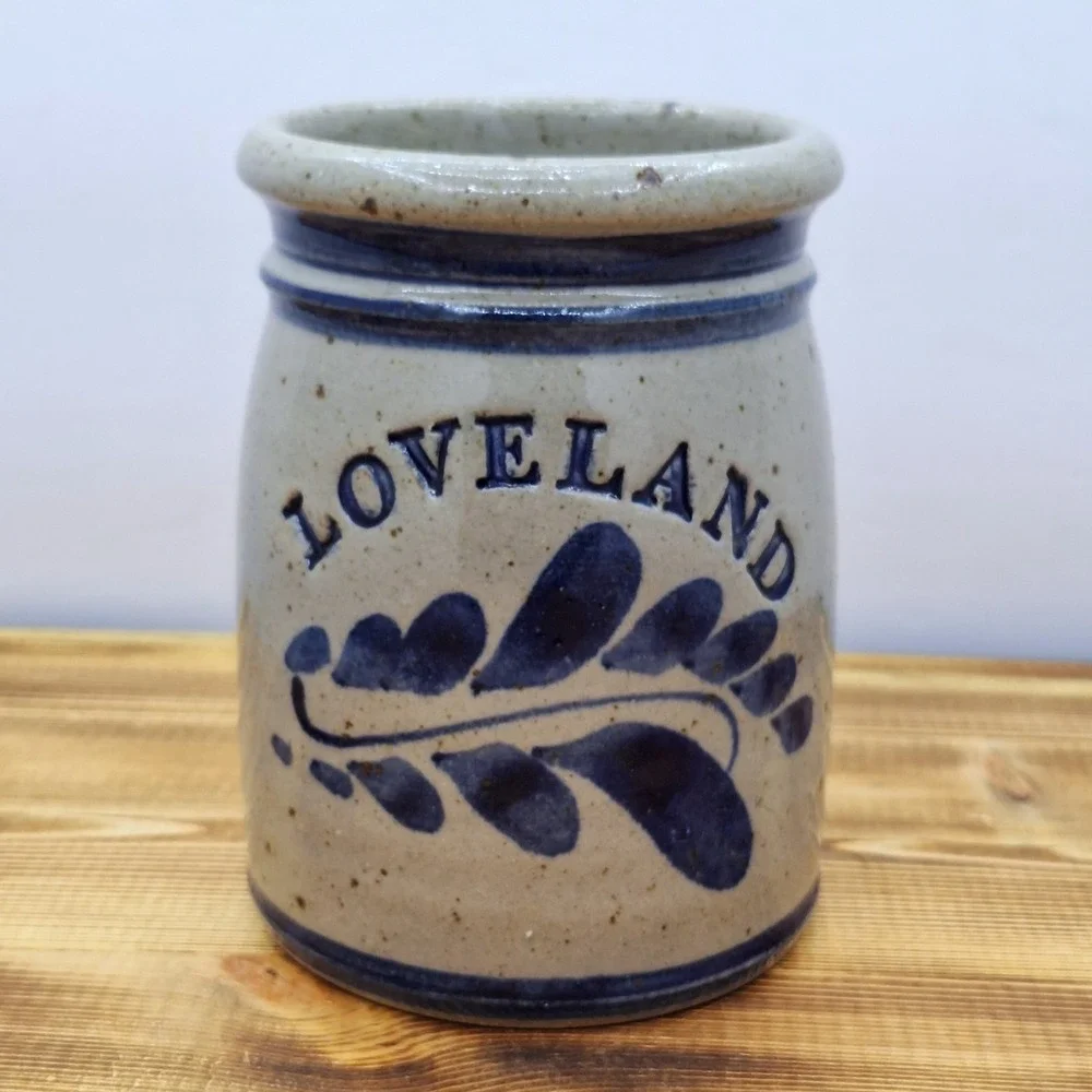LoveLand Salt Glaze Vase Gray Blue Pottery Hand Made‎ Signed 5.5